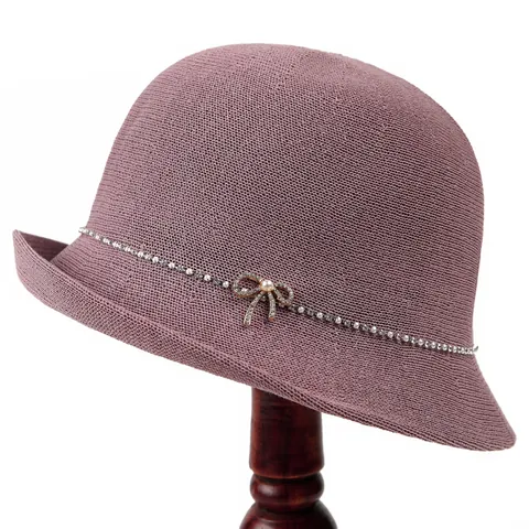 Elegante Gebreide Vissershoed voor Dames Met Strass Strik en Kunstparel Vintage Cloche Hoed Zonbescherming Viscose Nylon