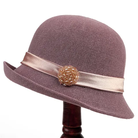 Franse Retro Elegante Cloche Hoed Voor Vrouwen Zonnescherm Ademend Gebreide盆帽 Met Lint Kralen Bloem Decor Lente Zomer