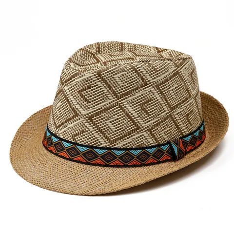 Vintage Straw Fedora Hat For Men Women Sun Protection Breathable Summer Beach Hat With Ethnic Style Geometric Ribbon Band