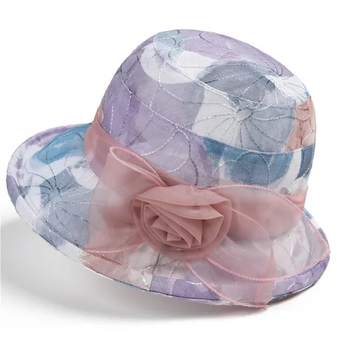 Women Elegant Sun Hat With Organza Flower Decoration UV Protection Breathable Foldable Floral Print Bucket Hat For Elderly