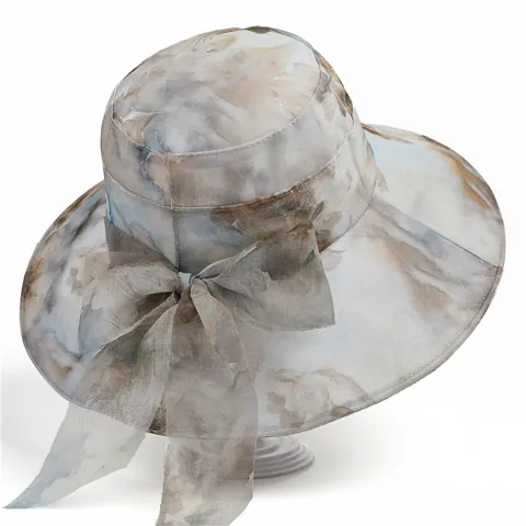 Women Elegant Floral Print Sun Hat Large Brim UV Protection Breathable Mesh Bow Bucket Hat For Outdoor Beach Travel