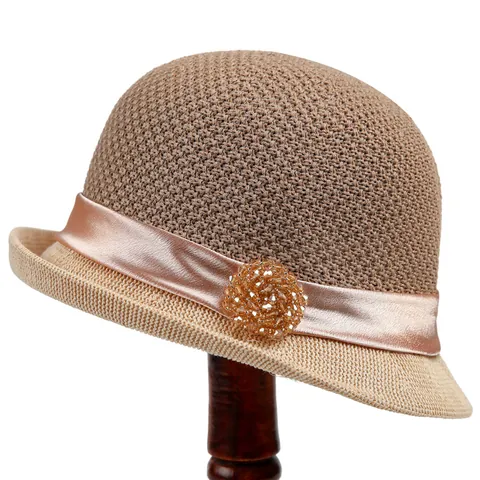 Women Elegant Cotton Linen Woven Cloche Hat Summer Sun Protection Wide Brim Bucket Hat With Satin Ribbon Crystal Brooch