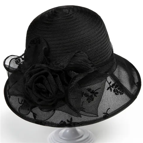 Women's Elegant Organza Church Hat Vintage Floral Sun Hat With Large Flower Rose Print Wide Brim Party Wedding Bucket Hat