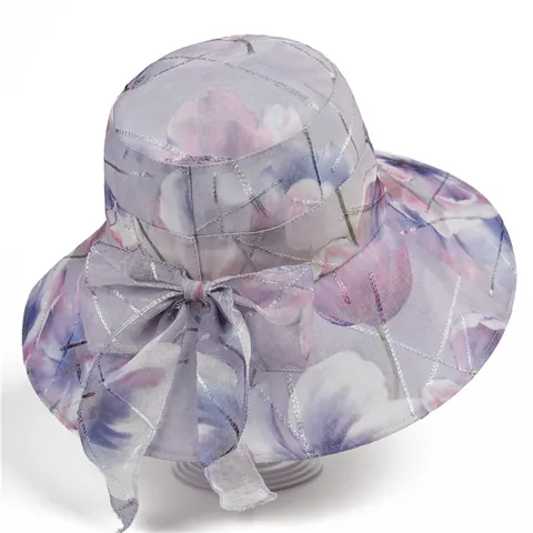 Women Breathable Mesh Sun Hat Floral Print Wide Brim Bucket Hat With Large Bow Elegant Outdoor UV Protection Beach Hat