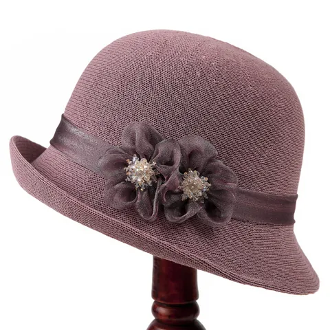 French Vintage Cloche Hat For Women Viscose Nylon Knitted Sun Hat With 3D Flowers Satin Ribbon Elegant Summer Sun Protection Travel Beach Hat