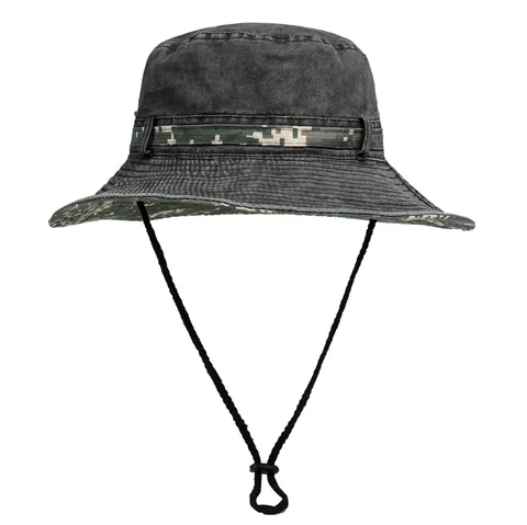 Women Camouflage Double Sided Bucket Hat Large Brim Cotton Blend Breathable Hiking Fishing Camping Sun Cap With Windproof Rope