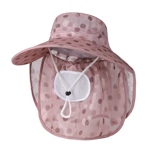 Women Outdoor Ice Silk Sun Hat Wide Brim UV Protection Hat With Face Neck Cover Polka Dot Floral Summer Farming Cap