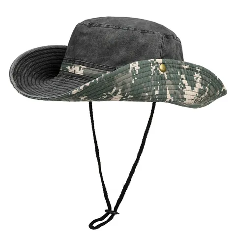 Women Camouflage Double Sided Bucket Hat Large Brim Cotton Blend Breathable Hiking Fishing Camping Sun Cap With Windproof Rope
