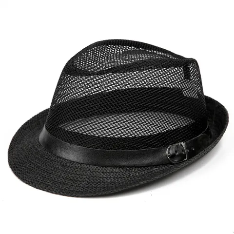 Men's Summer Fedora Hat Breathable Paper Straw Mesh Sun Hat With Wide Brim Leather Band Buckle Casual Beach Sunshade Hat