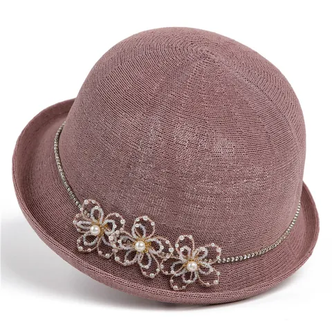 Women Elegant Straw Woven Bucket Hat Summer Breathable Sun Hat With Artificial Pearl Flower Rhinestone Retro Cloche Hat For Beach Travel
