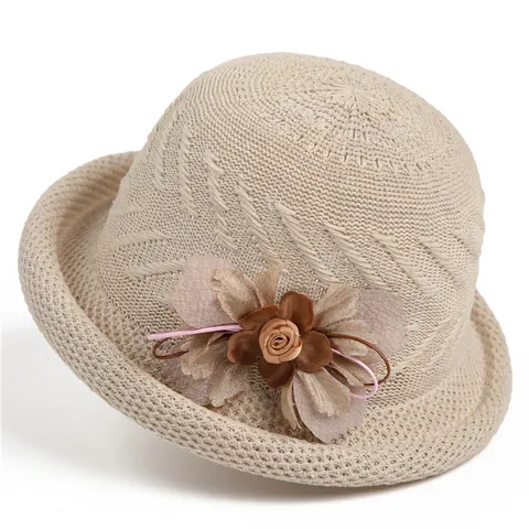 Elegant Knitted Floral Bucket Hat Sun Protection Breathable Cotton Polyester Hat For Women Mother Travel Beach Fashion Sun Hat