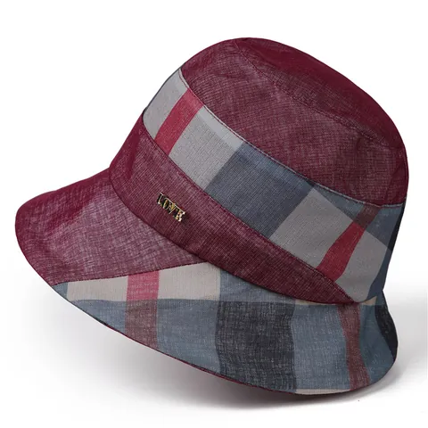 Women Sun Hat Foldable Wide Brim Bucket Hat With Plaid Ribbon And Metal Love Buckle Elegant Fisherman Hat For Outdoor Travel
