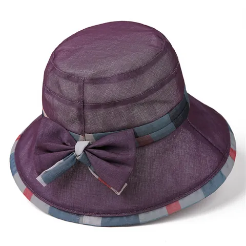 Damen Eleganter Sonnenhut Breite Krempe Atmungsaktiver Polyester Fischerhut Mit Schleife Karo-Besatz Faltbare Reisekappe