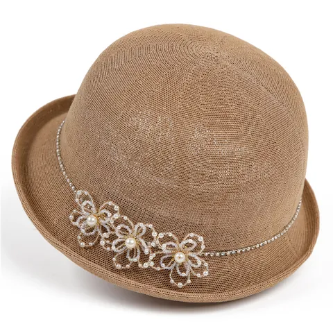Women Elegant Straw Woven Bucket Hat Summer Breathable Sun Hat With Artificial Pearl Flower Rhinestone Retro Cloche Hat For Beach Travel