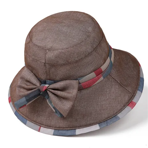 Damen Eleganter Sonnenhut Breite Krempe Atmungsaktiver Polyester Fischerhut Mit Schleife Karo-Besatz Faltbare Reisekappe
