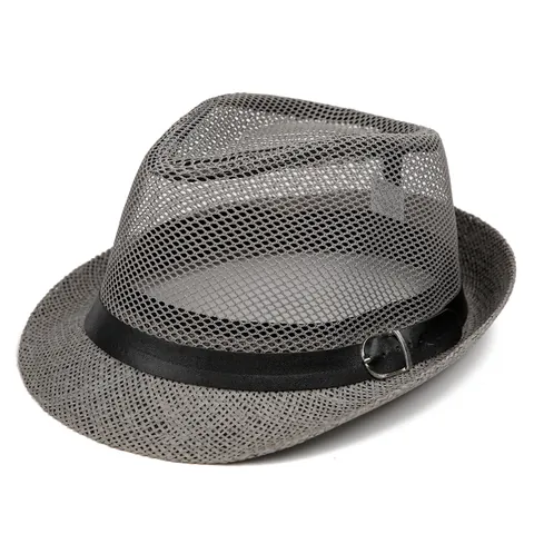 Men's Summer Fedora Hat Breathable Paper Straw Mesh Sun Hat With Wide Brim Leather Band Buckle Casual Beach Sunshade Hat