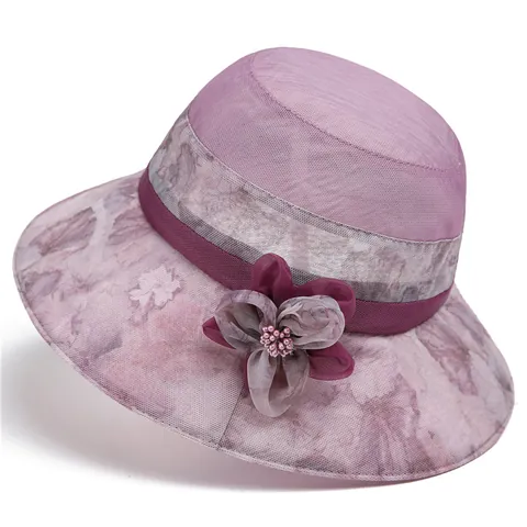 Women Elegant Sun Hat Large Brim Foldable Breathable Mesh Floral Bucket Hat For Summer Sun Protection Travel Beach Party