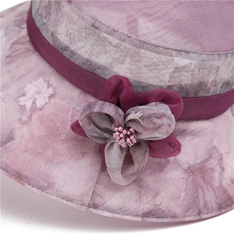 Women Elegant Sun Hat Large Brim Foldable Breathable Mesh Floral Bucket Hat For Summer Sun Protection Travel Beach Party