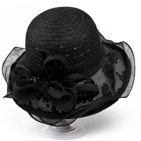 Women Elegant Lace Mesh Sun Hat Wide Brim British Style Dress Hat With Large Bow Artificial Pearl For Summer Wedding Travel Party