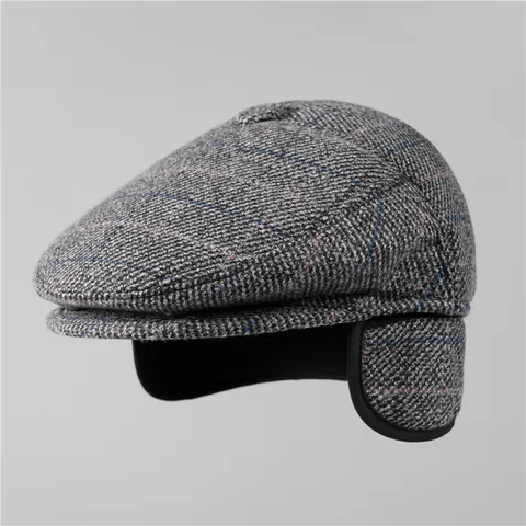 Coppola Invernale da Uomo Calda Con Paraorecchie Vintage a Quadri Cappello Herringbone In Misto Lana Per Nonno