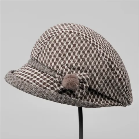 Vintage Checkered Woolen Bucket Hat For Women Warm Autumn Winter Basin Hat With Bow Fur Ball Decoration Elegant Mother Hat