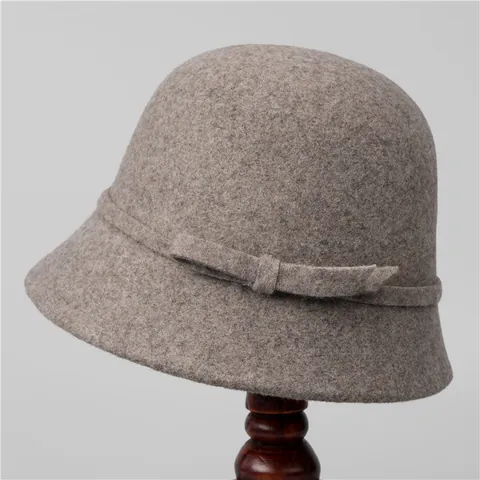 Vintage Wool Blend Cloche Hat For Women French Style Winter Warm Bucket Hat With Bow Decoration Solid Color Elegant Ladies Hat