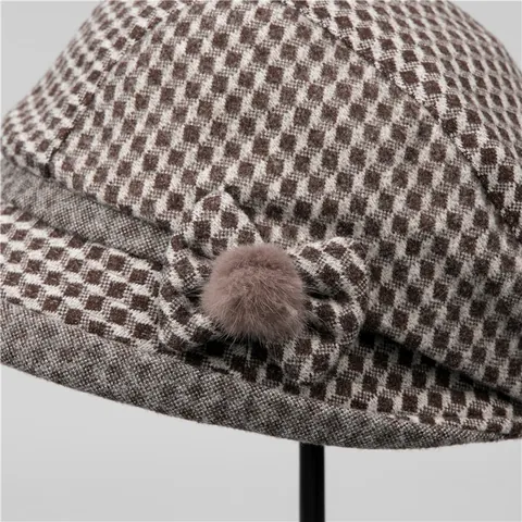 Vintage Checkered Woolen Bucket Hat For Women Warm Autumn Winter Basin Hat With Bow Fur Ball Decoration Elegant Mother Hat