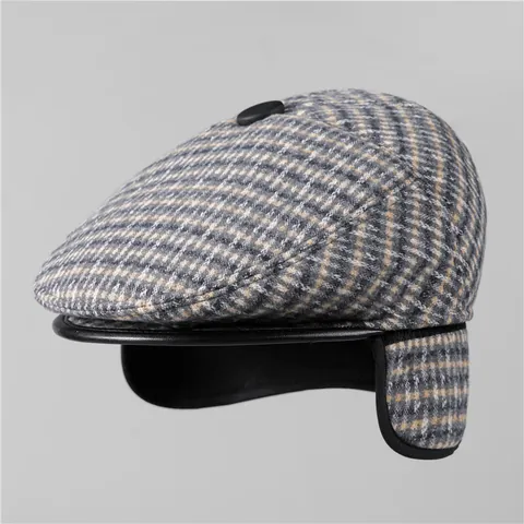 Men Vintage Plaid Flat Cap Winter Warm Fleece Lined Newsboy Hat With Earflaps Woolen Ivy Cabbie Hat For Elderly Dad