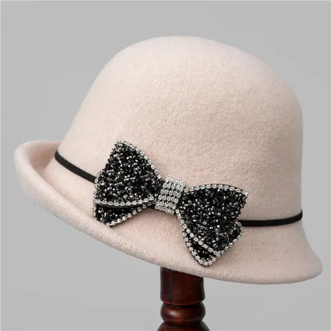 Französischer Retro Wollglockenhut Damen Elegant Strass Schleife Anglerhut Herbst Winter Warm Mode Glockenhut Party Fedora Hut