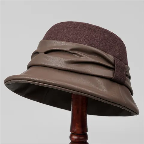 Dames Vintage Kunstleer Splicing Vissershoed Winter Warme Wollen Stof Cloche Hoed Voor Ouderen Oma Moeder