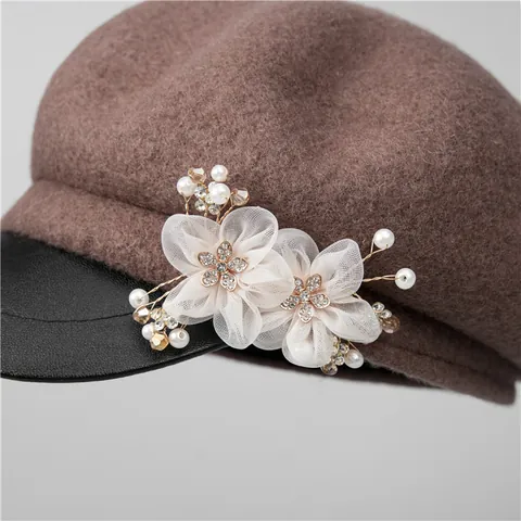 Dames Vintage Wollen Octagonale Hoed Met PU Leren Rand Elegant Bloem Kunstparel Strass Baker Boy Pet Voor Herfst Winter