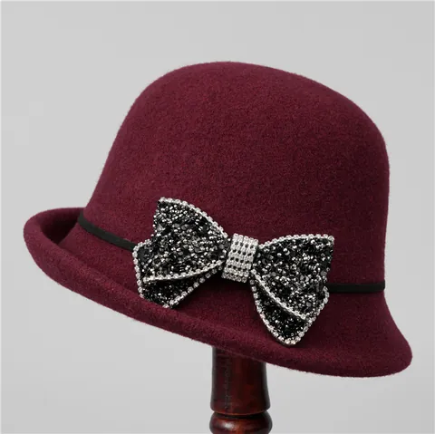 Französischer Retro Wollglockenhut Damen Elegant Strass Schleife Anglerhut Herbst Winter Warm Mode Glockenhut Party Fedora Hut