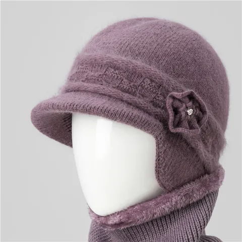Women Winter Rabbit Hair Blend Knit Hat And Scarf Warm Ear Protection Floral Beanie Snood For Elderly Grandma Gift