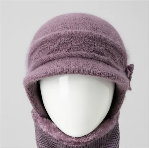 Women Winter Rabbit Hair Blend Knit Hat And Scarf Warm Ear Protection Floral Beanie Snood For Elderly Grandma Gift