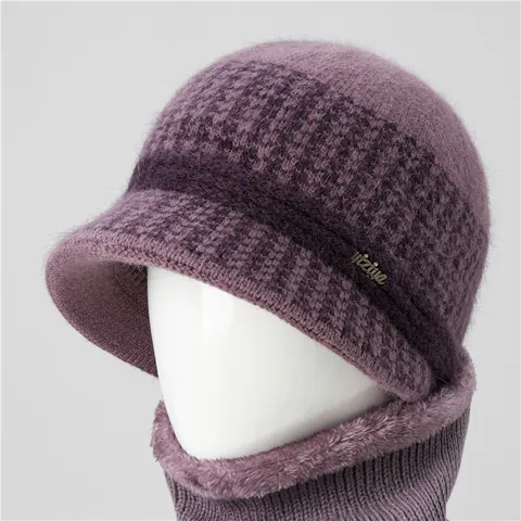 Sombrero de Pescador de Pelo de Conejo de Invierno para Mujer Bufanda Calentador de Cuello Forro Polar Gorro de Punto Cálido a Cuadros para Damas Mayores