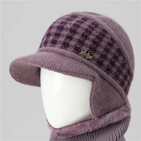 Cappello Donna Invernale Caldo in Maglia Foderato in Pile Berretto Protezione Orecchie Con Tesa E Scaldacollo Per Nonna