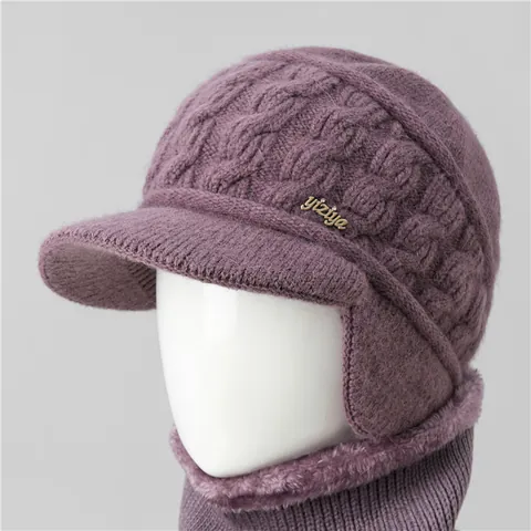 Cappello Invernale in Maglia da Donna Sciarpa Protezione Orecchie Tesa Foderata in Pile Misto Pelo di Coniglio Berretto Caldo Per Nonna Mamma