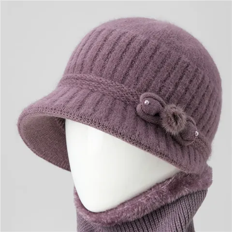 Women Winter Warm Rabbit Hair Knitted Hat And Scarf Warm Windproof Beanie With Flower Bow Artificial Pearl For Elderly Grandma
