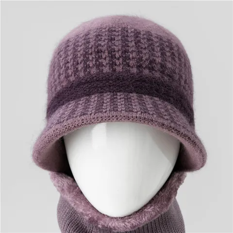 Sombrero de Pescador de Pelo de Conejo de Invierno para Mujer Bufanda Calentador de Cuello Forro Polar Gorro de Punto Cálido a Cuadros para Damas Mayores