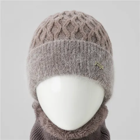 Gorro De Punto De Pelo De Conejo Cálido De Invierno Y Bufanda Para Mujeres Ancianas Mamás Forro De Felpa Elegante Tocado Térmico