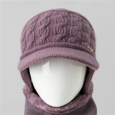 Cappello Invernale in Maglia da Donna Sciarpa Protezione Orecchie Tesa Foderata in Pile Misto Pelo di Coniglio Berretto Caldo Per Nonna Mamma