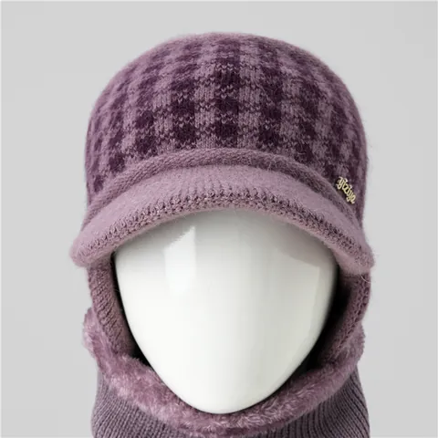 Cappello Donna Invernale Caldo in Maglia Foderato in Pile Berretto Protezione Orecchie Con Tesa E Scaldacollo Per Nonna