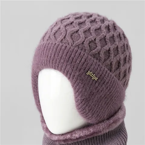 Elderly Women Winter Knitted Hat And Scarf Thick Fleece Lined Warm Beanie Ear Protection Grandma Elegant Woolen Cap