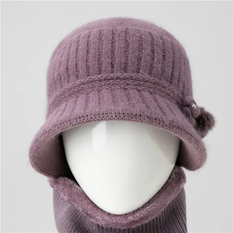 Women Winter Warm Rabbit Hair Knitted Hat And Scarf Warm Windproof Beanie With Flower Bow Artificial Pearl For Elderly Grandma