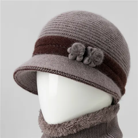 Conjunto Gorro Bufanda Punto Mujer Invierno Cálido Forro Polar Sombrero Cloche Decoración Floral Gorro Ganchillo Calentador