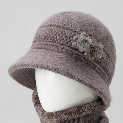 Elegant Rabbit Hair Blend Knitted Hat And Scarf Set For Women Thick Warm Fleece Lined Beanie Cloche Hat For Elderly Ladies