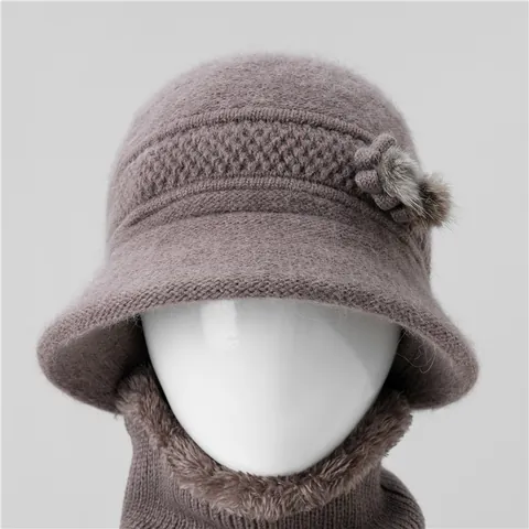 Elegant Rabbit Hair Blend Knitted Hat And Scarf Set For Women Thick Warm Fleece Lined Beanie Cloche Hat For Elderly Ladies