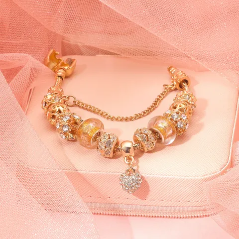 Bracciale con Ciondolo a Cuore da Donna in Lega Strass Perline di Cristallo Catena a Serpente Elegante Regalo per Lei