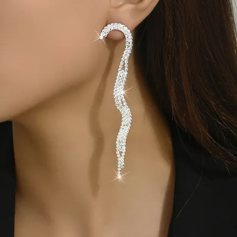 Pendientes Colgantes de Borla de Onda Elegantes para Mujer de Aleación con Diamantes de Imitación con Flecos Largos