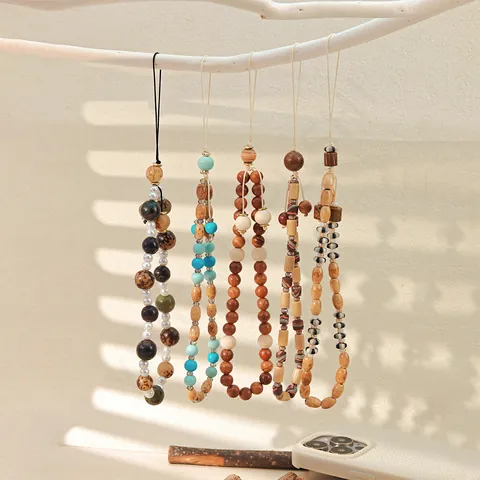 Handmade Wood Beaded Phone Charm Lanyard Retro Chinese Style Crystal Glass Bead Wrist Strap For Women Phone Case Jewelry Gift